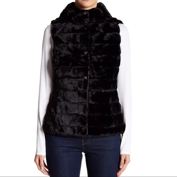 Black Reversible Fur Hooded Vest 